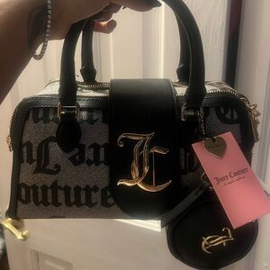 Juicy Couture Black and Cream Logo Satchel with Gold Hardware